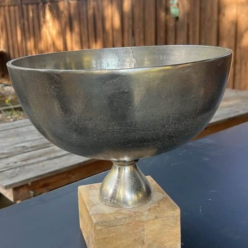 Silver Decorative Pedestal Bowl with Wood Base
